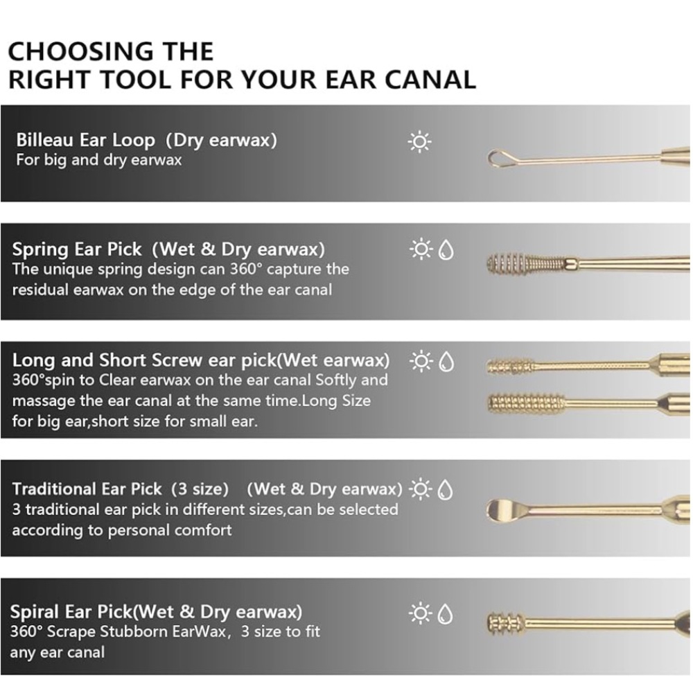 6 Pcs Extended Ear Wax Removal Kit Gold - Picture 3 of 7